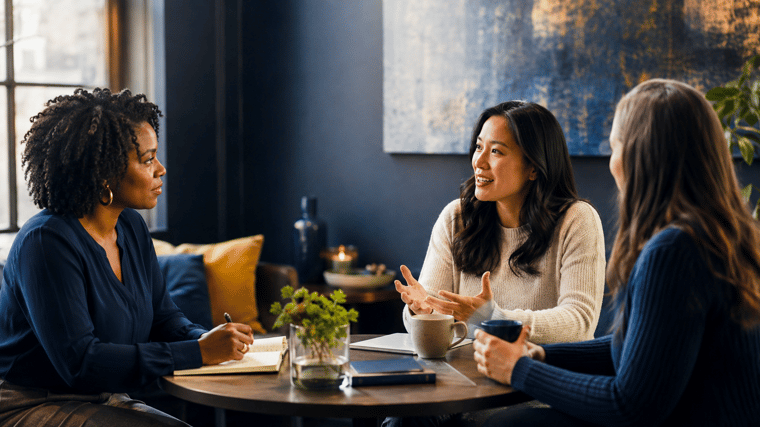Three women sit around a small table in a warm, softly lit professional setting, listening and speaking thoughtfully with notebooks, coffee cups, and a plant on the table.