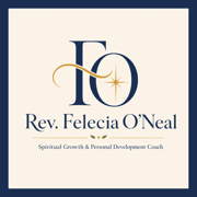 Rev. Felecia O’Neal logo featuring a navy FO monogram with a gold flourish and starburst, above the text “Rev. Felecia O’Neal” and “Spiritual Growth & Personal Development Coach” on a soft cream background. Linked to email.