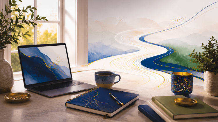 A serene professional workspace near a softly lit window with a laptop, navy journal, pen, coffee cup, plants, and warm gold accents. Abstract flowing lines move across the background like a path or river, suggesting reflection becoming clarity, discernment, and purposeful action.