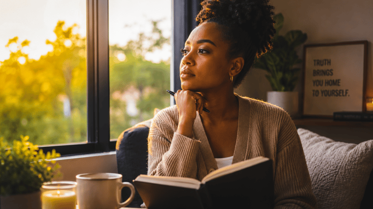 A woman sits near a sunlit window with a journal open in front of her, holding a pen as she looks outside in quiet reflection. A mug, candle, plants, and warm morning light create a peaceful setting for honesty, self-awareness, and spiritual growth.