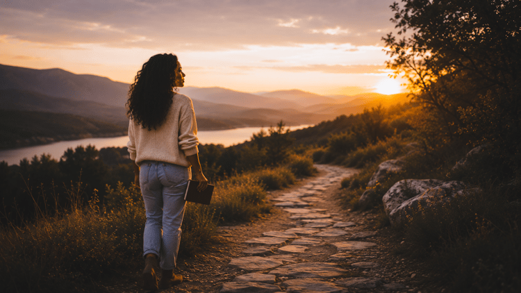 A modern woman in a cream sweater and jeans walks along a quiet stone path at sunrise, holding a journal as she looks toward distant hills, water, and golden light.