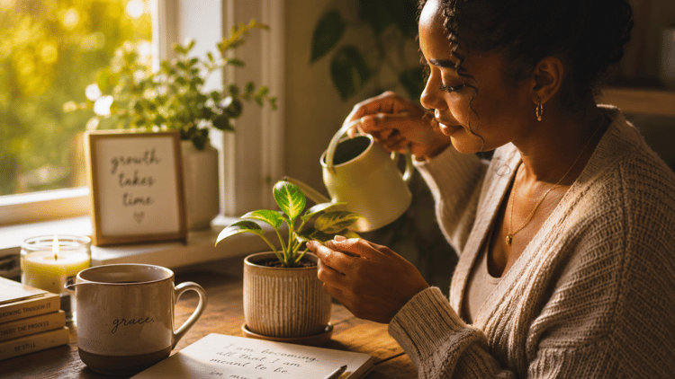 A woman sits by a sunlit window gently watering a small houseplant. A mug, candle, journal, and warm morning light create a peaceful scene of patience, care, slow growth, and becoming.