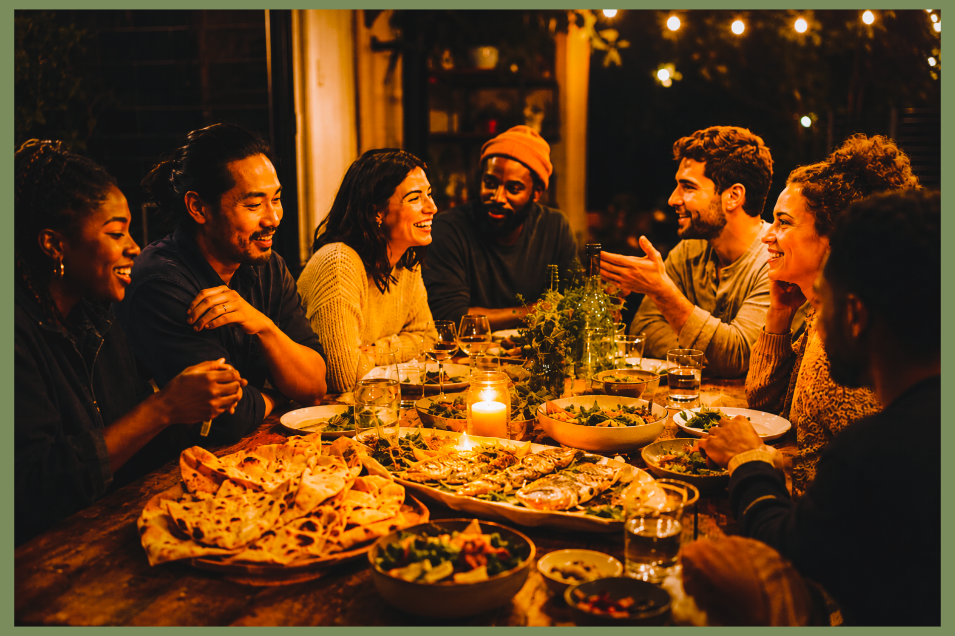 A diverse group of friends gathers around a warmly lit dinner table, sharing food, conversation, and laughter by candlelight.