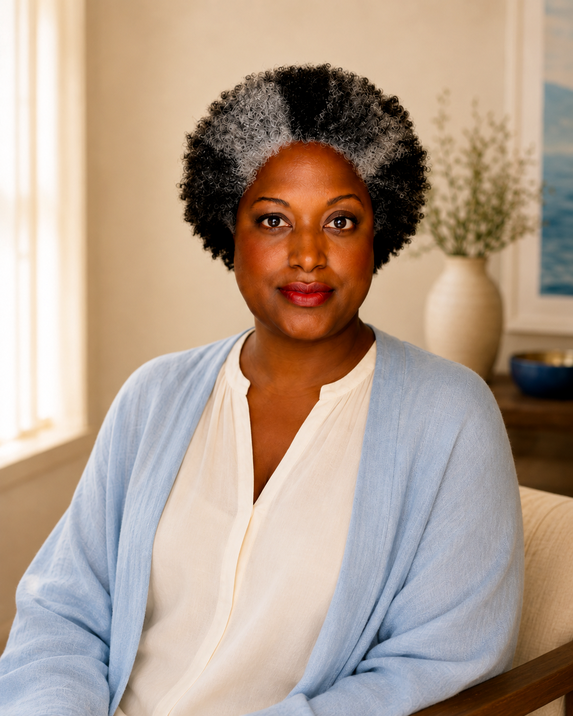 Portrait of Felecia O’Neal wearing a cream blouse and soft blue wrap, seated in a warmly lit room and looking calmly toward the camera.