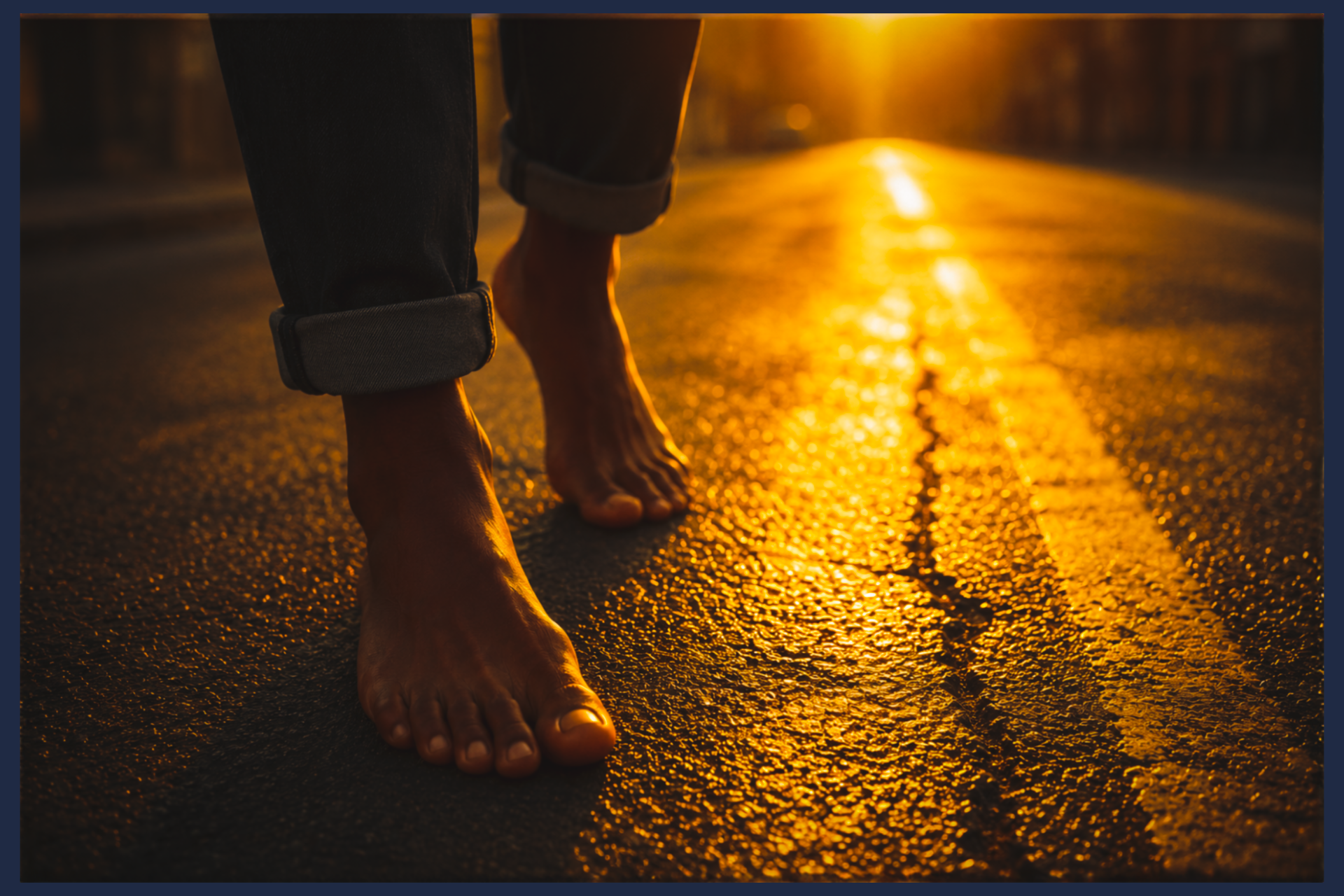 A close-up image of a modern man with deep brown skin walking barefoot on a sunlit asphalt street, his rolled-up dark jeans visible as golden light reflects across the road, creating a warm, contemplative scene.