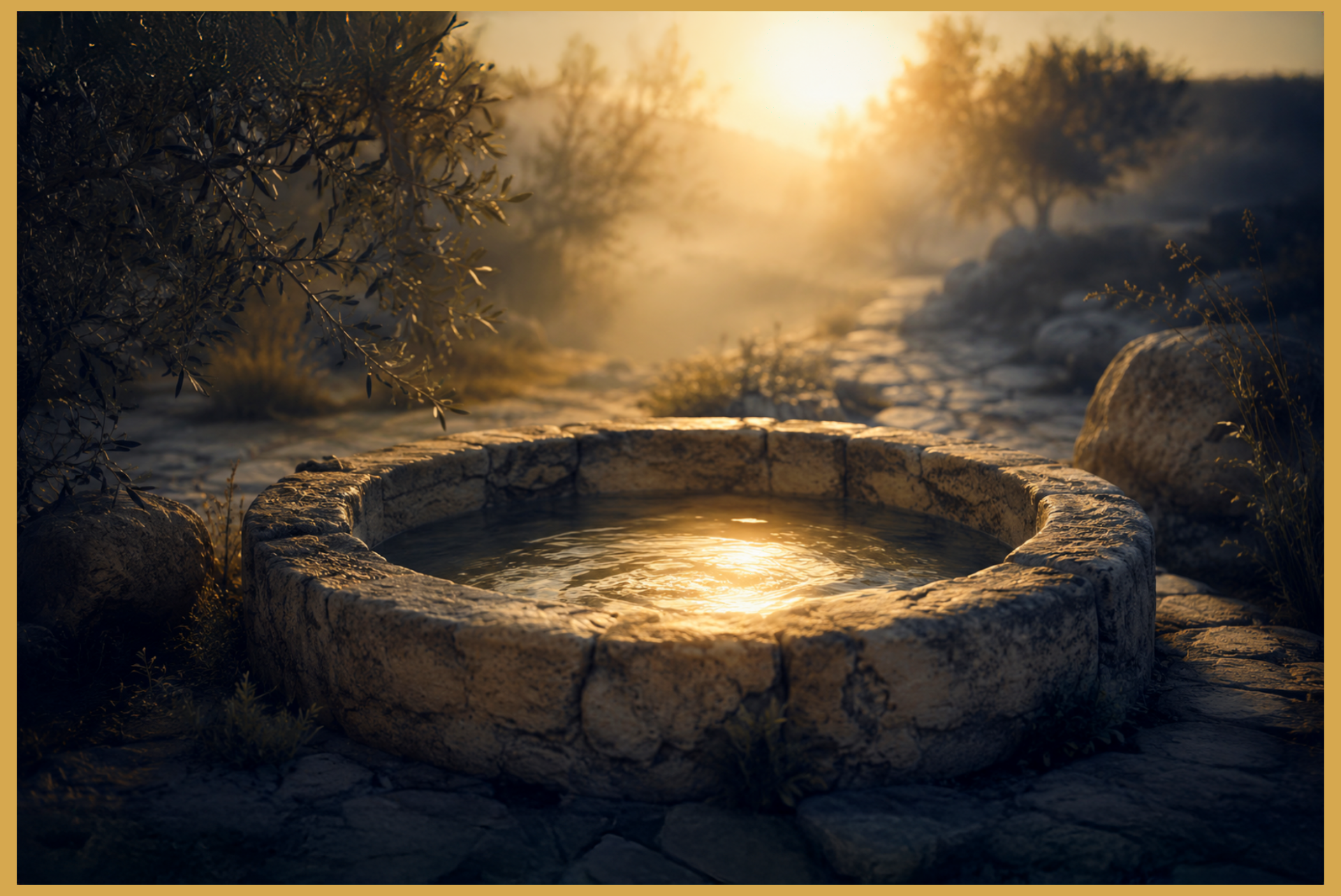 An ancient stone well filled with softly glowing water sits in a quiet, misty landscape at golden hour, evoking sacred thirst, inner nourishment, and spiritual renewal.