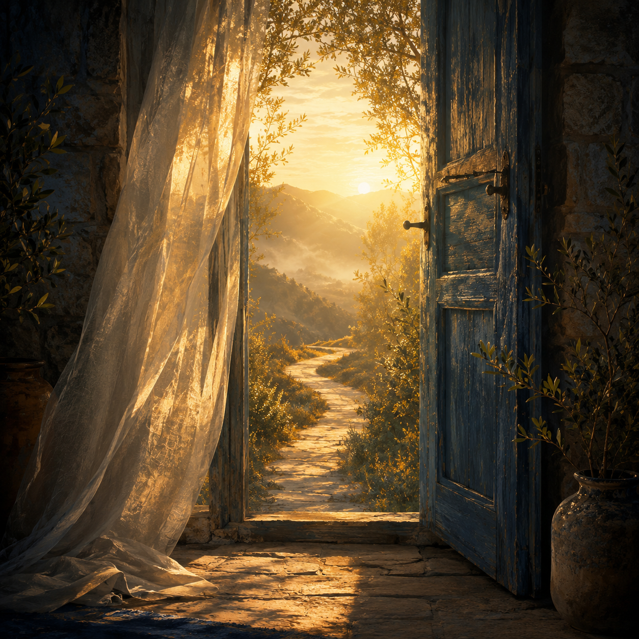 An open blue door and flowing cream curtain reveal a winding path leading toward sunlit mountains, surrounded by warm golden light and dark leafy branches.