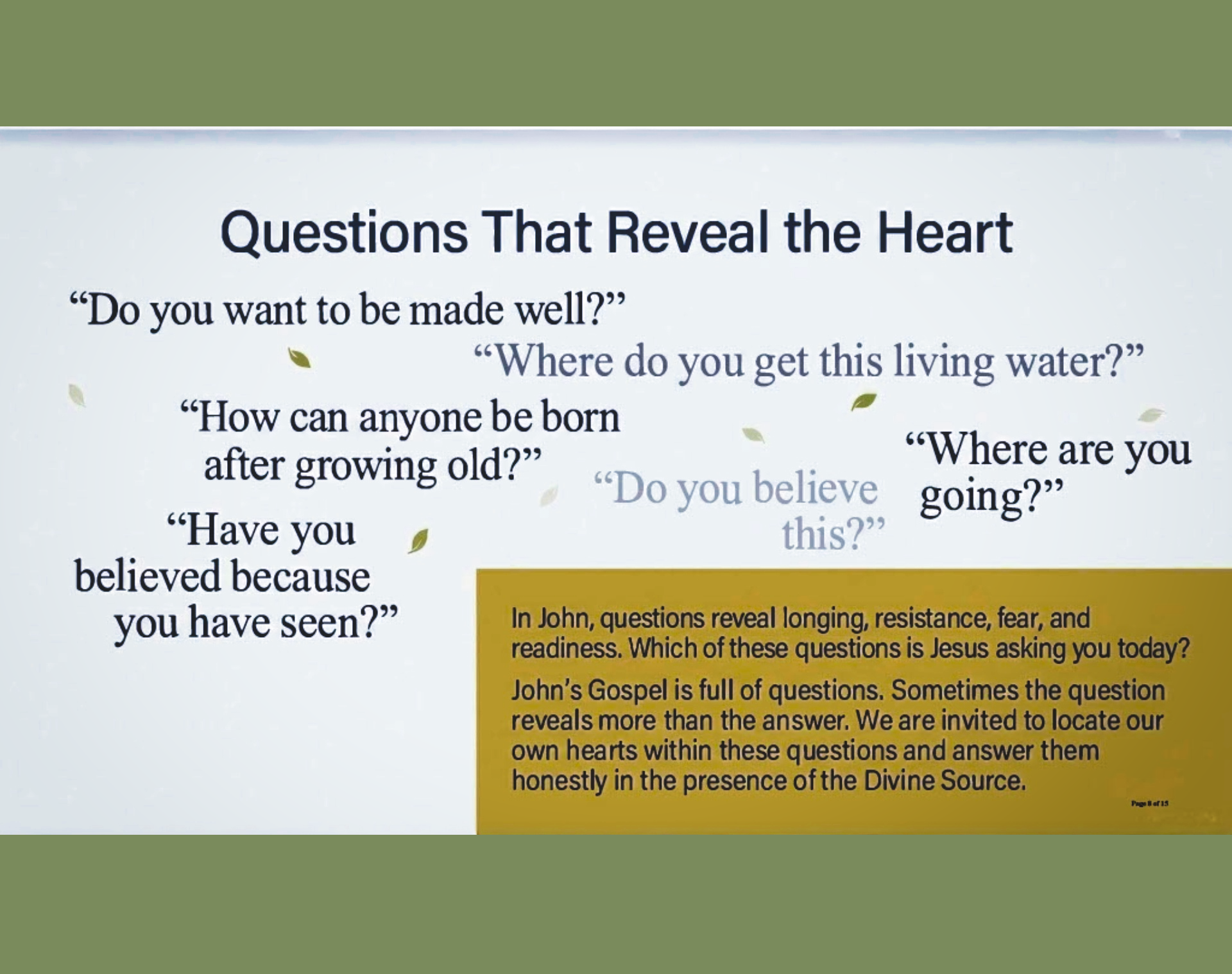 Graphic titled ‘Questions That Reveal the Heart’ with reflective questions from John’s Gospel and a gold text box inviting readers to consider which question Jesus is asking them today.