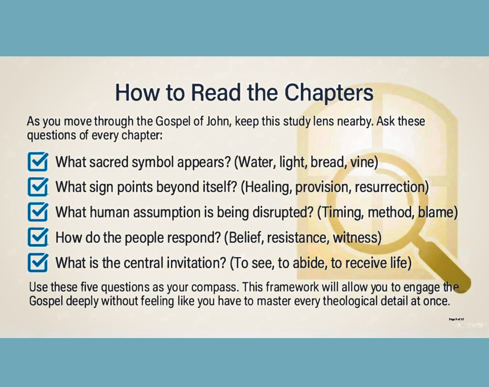 Graphic titled ‘How to Read the Chapters’ featuring five study questions for reading each chapter of John, illustrated with check marks and a gold magnifying glass and window symbol.