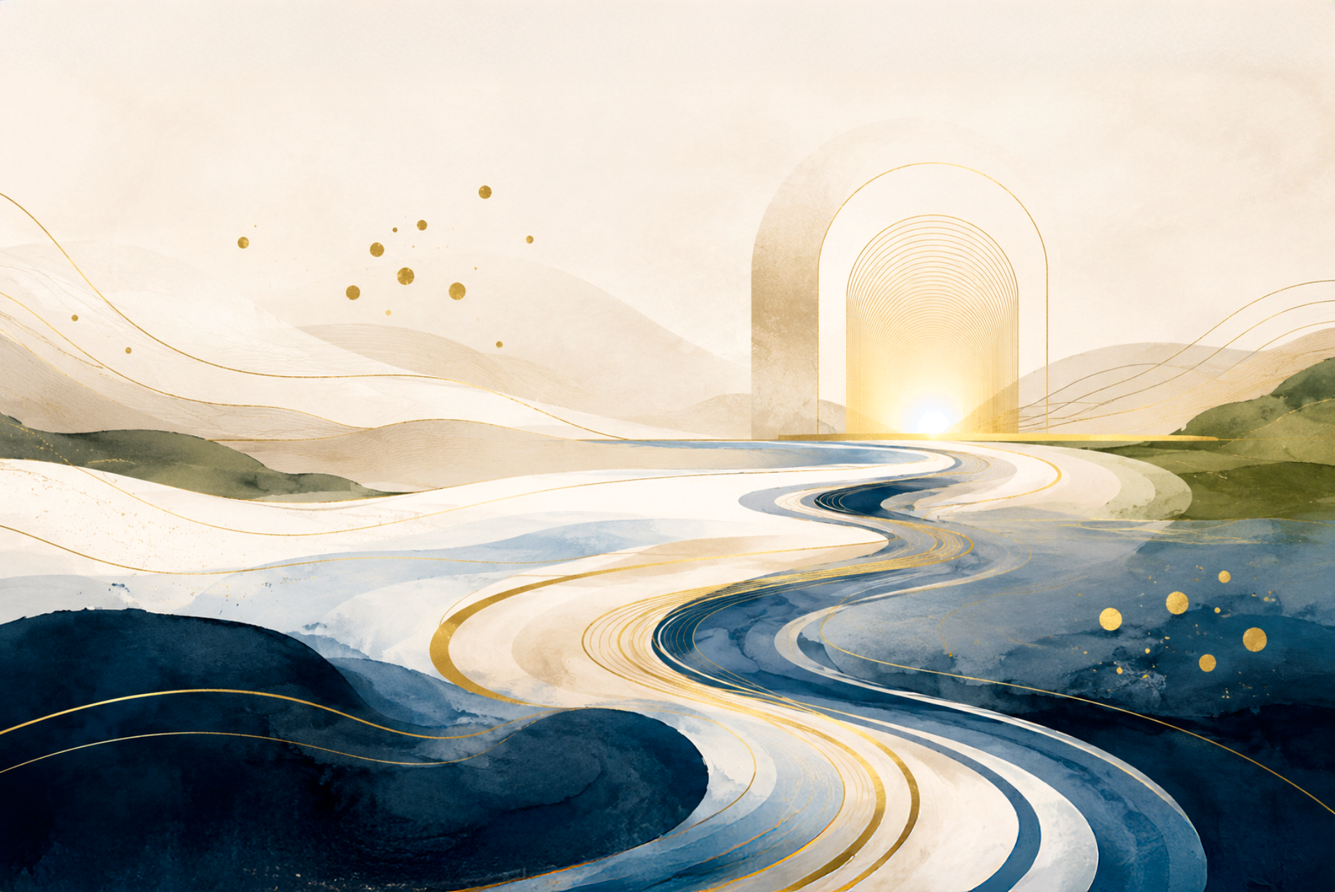 An abstract landscape in soft cream, navy, river blue, olive green, and warm gold. A flowing river-like pathway moves through layered hills toward a glowing golden arch on the horizon. Fine gold lines, soft watercolor textures, and floating gold dots suggest movement, discernment, transition, and faithful action.