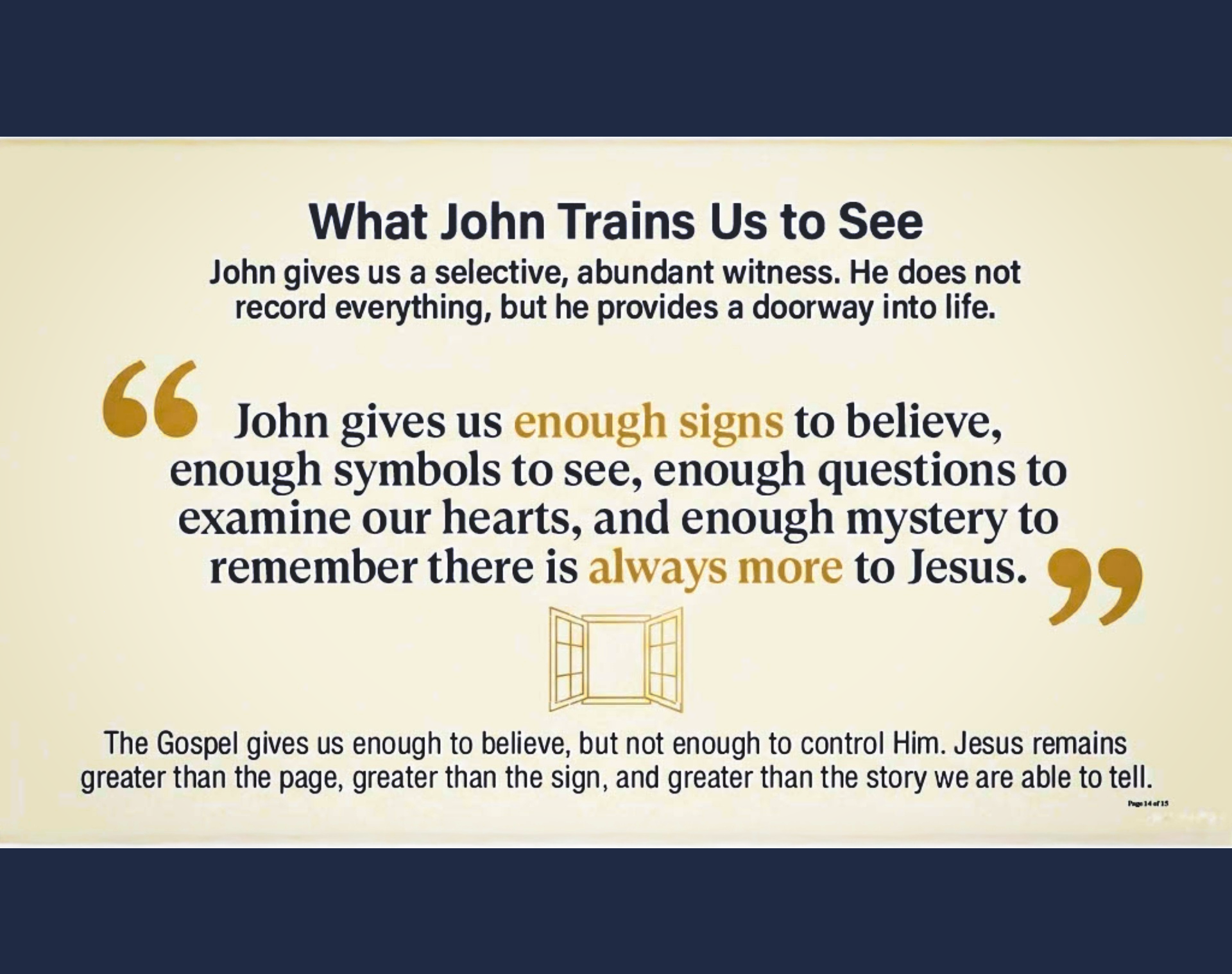 Graphic titled ‘What John Trains Us to See’ with a central quote about signs, symbols, questions, and mystery in John’s Gospel, framed in a cream, navy, and gold design.
