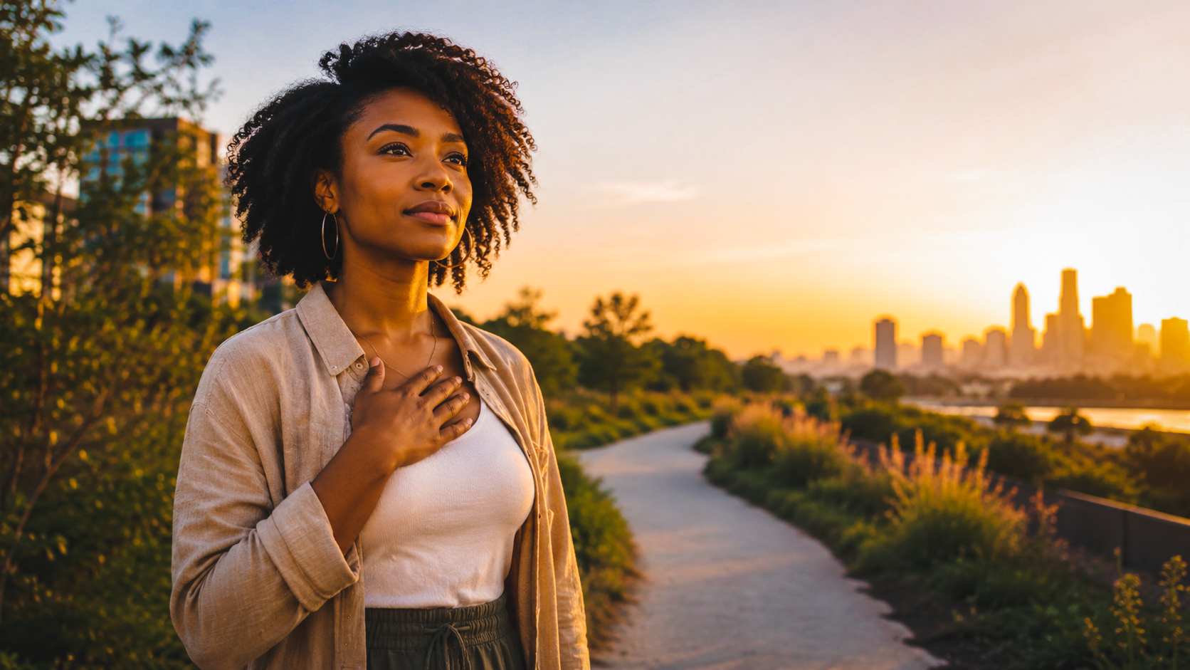 A woman stands on a quiet path at sunrise with one hand resting over her chest, looking ahead with a calm, reflective expression. Warm golden light surrounds her, with greenery, a winding path, and a soft city skyline in the background.